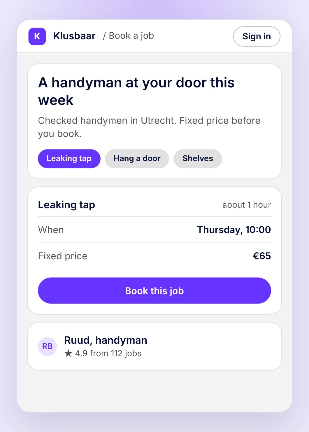 A working app for a new product idea: customers pick a small job, see a fixed price and book a handyman.