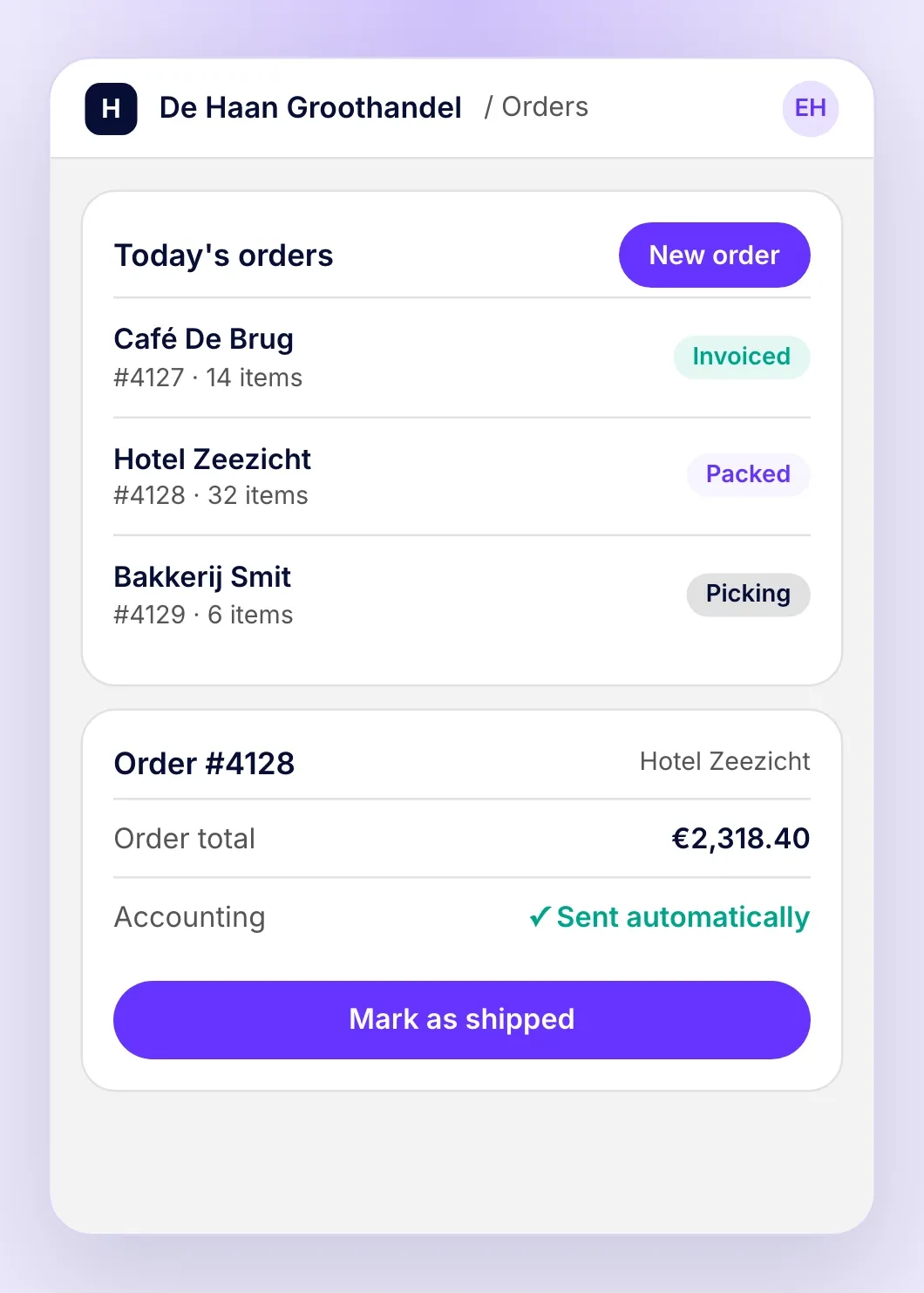 An internal orders tool for a wholesaler: today's orders with their status, and an order that was sent to accounting automatically, ready to mark as shipped.