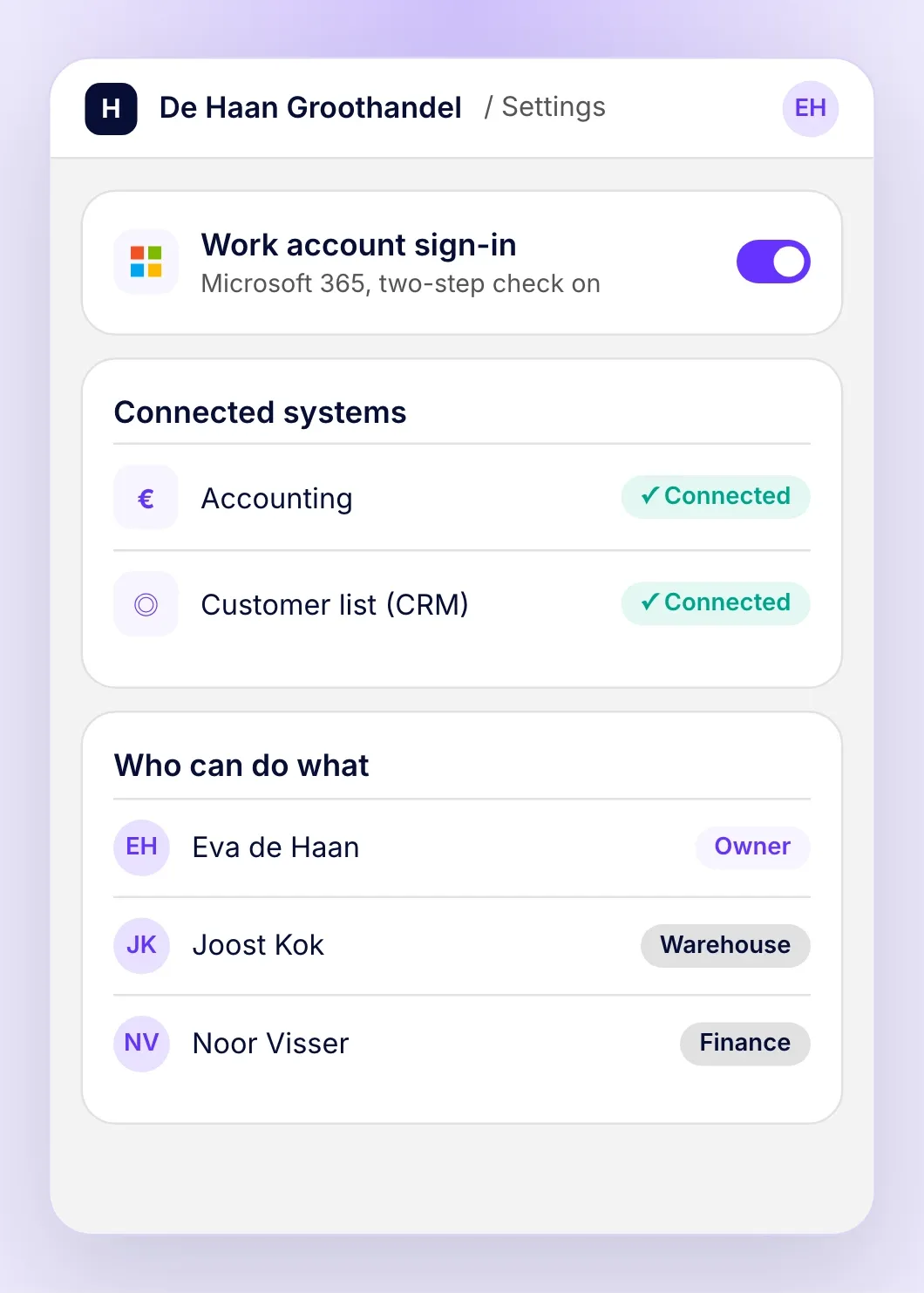 Settings for the tool: sign-in with the company's Microsoft account, connections to the accounting system and the customer list, and a role for each person.